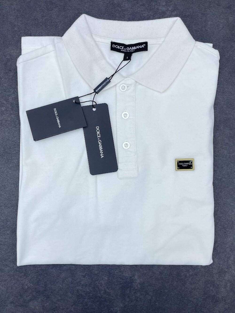 Dolce & Gabbana Men’s White Polo Shirt Logo Plaque- Size Large